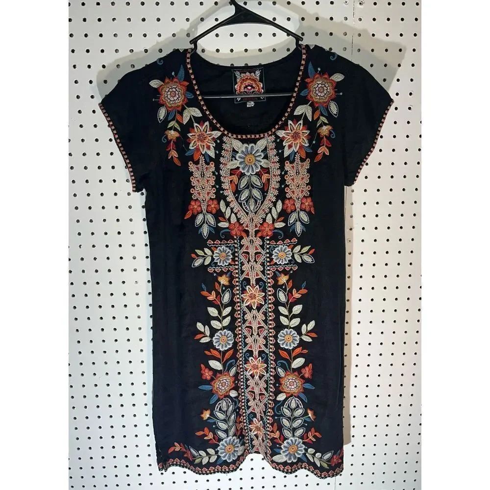 Johnny Was Maisie Peasant Black Linen Tunic Dress